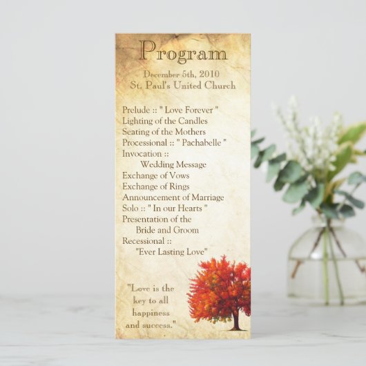 25 4x9 Hochzeitsprogramm Fall Tree Aged Paper Herb Programm (Stehend Vorderseite)