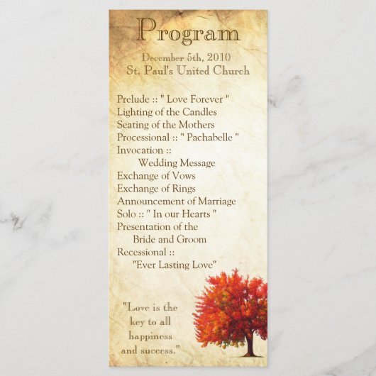 25 4x9 Hochzeitsprogramm Fall Tree Aged Paper Herb Programm (Vorderseite)