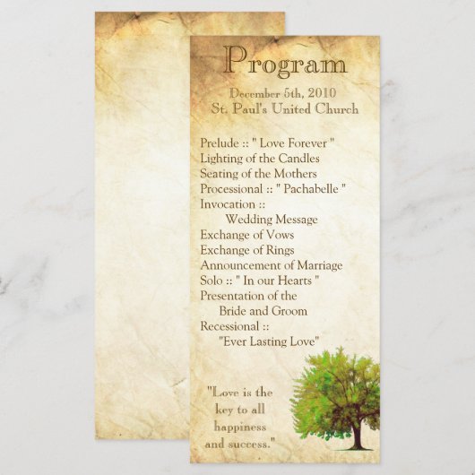 25 4x9 Hochzeitsprogramm Frühlingsbaum gealtertes Programm (Vorne/Hinten)