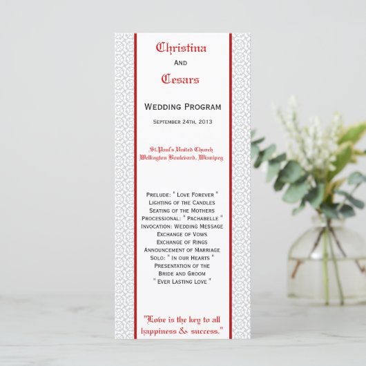 25 4x9 Hochzeitsprogramm Graue rote, formale Print Programm (Stehend Vorderseite)