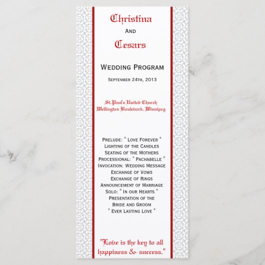 25 4x9 Hochzeitsprogramm Graue rote, formale Print Programm (Vorderseite)