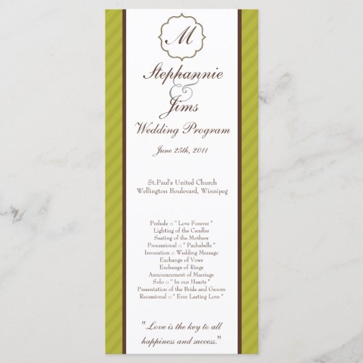25 4x9 Hochzeitsprogramm Grün und braun Damast Programm (Vorderseite)