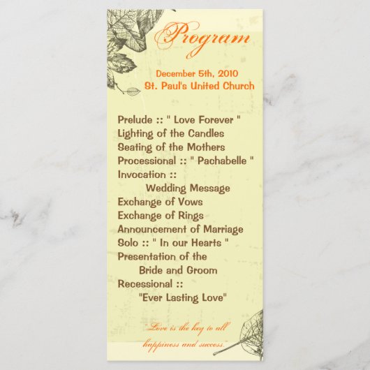 25 4x9 Hochzeitsprogramm Handgezeichnete Herbstlau Programm (Vorderseite)