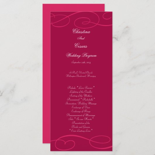 25 4x9 Hochzeitsprogramm Himbeere Rosa Schleifen/W Programm (Vorne/Hinten)