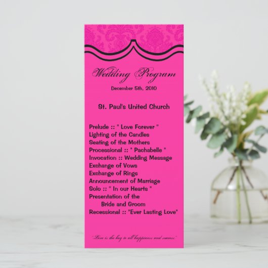 25 4x9 Hochzeitsprogramm Hot Pink Black Damask Lac Programm (Stehend Vorderseite)