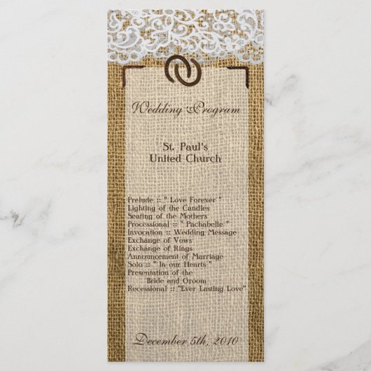 25 4x9 Hochzeitsprogramm Hufeisen auf Jute-Spitze Programm (Vorderseite)