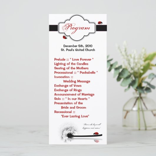 25 4x9 Hochzeitsprogramm Lady Bug Dandilion Blume Programm (Stehend Vorderseite)