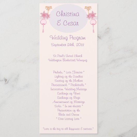 25 4x9 Hochzeitsprogramm Lila Pink Lantern/Blume Programm (Vorderseite)
