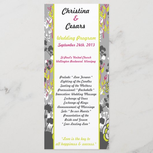 25 4x9 Hochzeitsprogramm Lime Green/Hot Pink Blume Programm (Vorderseite)