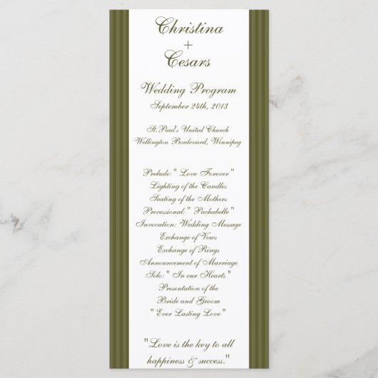 25 4x9 Hochzeitsprogramm Martini Olive Green Strip Programm (Vorderseite)