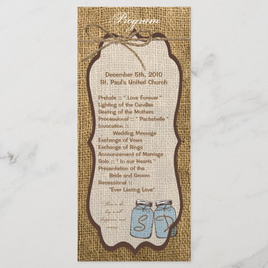 25 4x9 Hochzeitsprogramm Mason Jar Burlap Country Programm (Vorderseite)