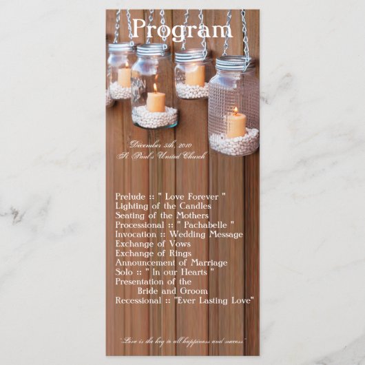 25 4x9 Hochzeitsprogramm Mason Jar Kerzenlicht Programm (Vorderseite)
