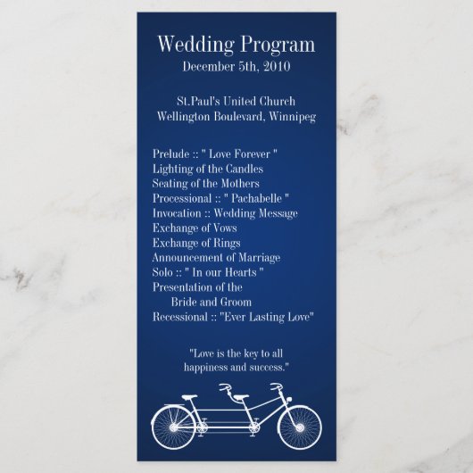 25 4x9 Hochzeitsprogramm Navy Blue Double Bike Programm (Vorderseite)