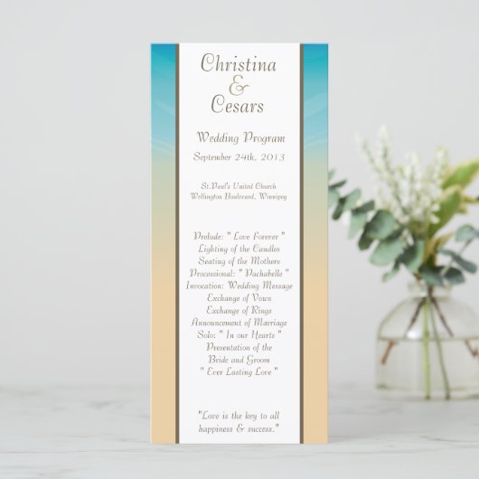 25 4x9 Hochzeitsprogramm Ocean Beach Shore Seashel Programm (Stehend Vorderseite)