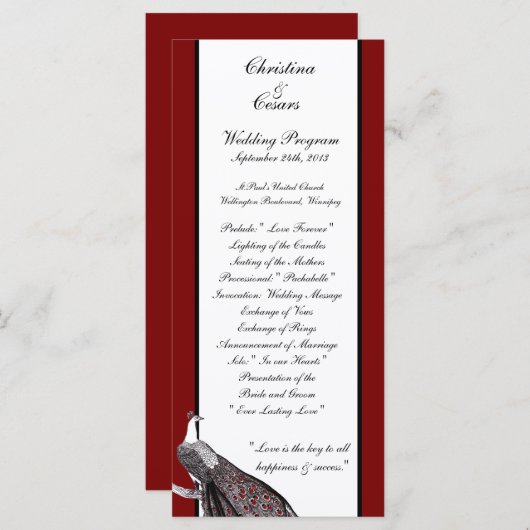 25 4x9 Hochzeitsprogramm Pfauenrot Schwarz-weiß Programm (Vorne/Hinten)