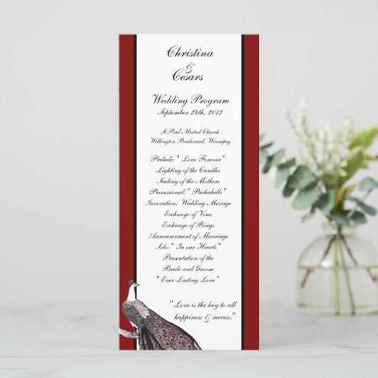 25 4x9 Hochzeitsprogramm Pfauenrot Schwarz-weiß Programm (Stehend Vorderseite)