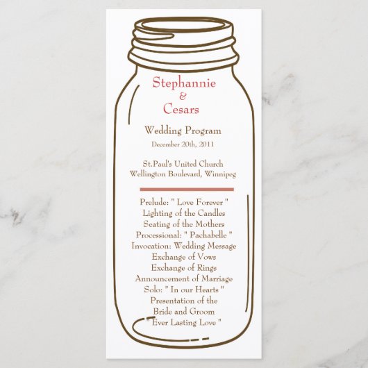 25 4x9 Hochzeitsprogramm Rosa/Braun Mason Jar Programm (Vorderseite)