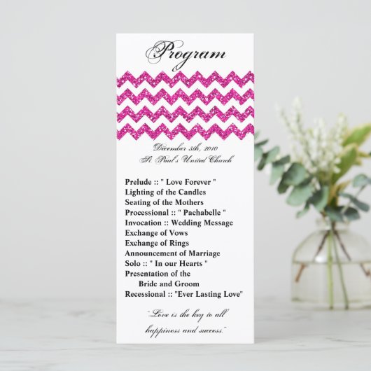 25 4x9 Hochzeitsprogramm Rosa Glitzer Zickzack Zig Programm (Stehend Vorderseite)