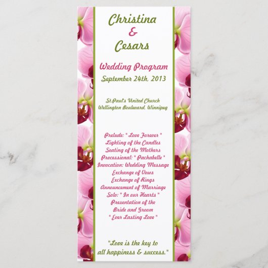 25 4x9 Hochzeitsprogramm Rosa Orchideenblume Programm (Vorderseite)