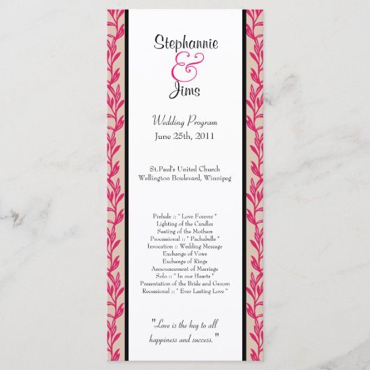 25 4x9 Hochzeitsprogramm Rosa und Schwarze Wildtie Programm (Vorderseite)