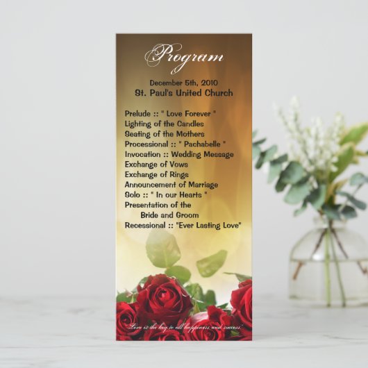 25 4x9 Hochzeitsprogramm Rote Rose Bouquet Bridal Programm (Stehend Vorderseite)