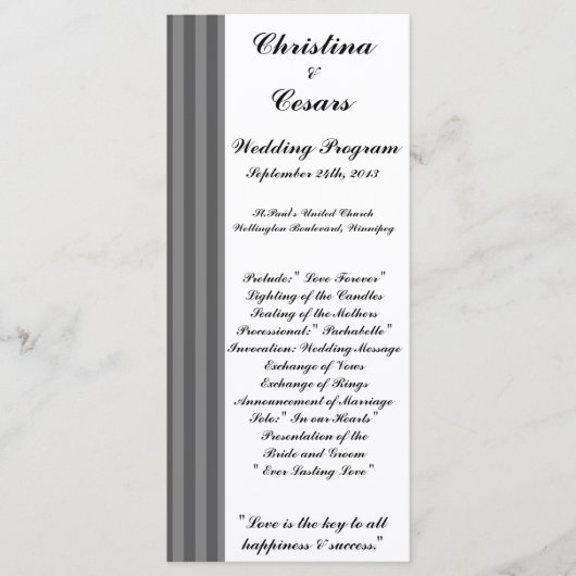 25 4x9 Hochzeitsprogramm Schwarz-Grau-Blüh Streife Programm (Vorderseite)