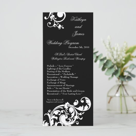 25 4x9 Hochzeitsprogramm Schwarz-weiße Blumenfabri Programm (Stehend Vorderseite)