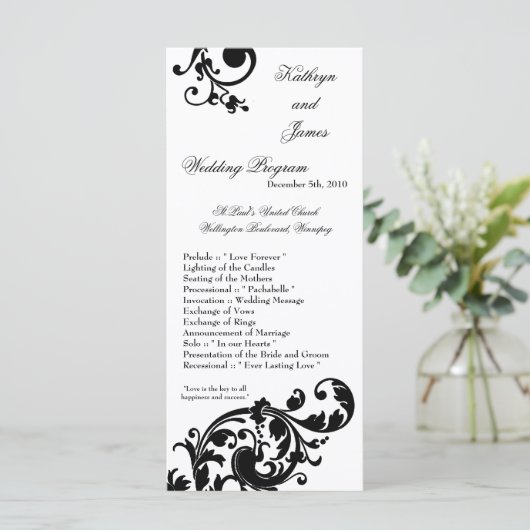 25 4x9 Hochzeitsprogramm Schwarz-weiße Blumenfabri Programm (Stehend Vorderseite)