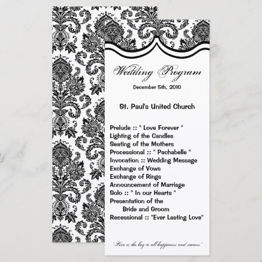 25 4x9 Hochzeitsprogramm Schwarz-weiße Damaske-Spi Programm (Vorne/Hinten)