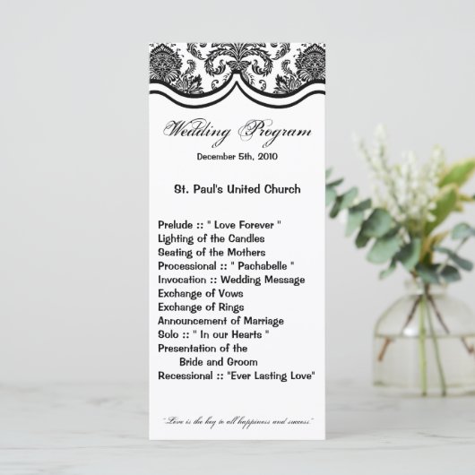 25 4x9 Hochzeitsprogramm Schwarz-weiße Damaske-Spi Programm (Stehend Vorderseite)