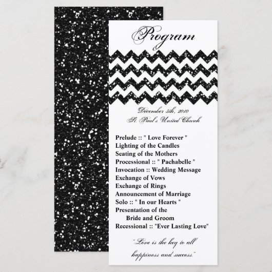 25 4x9 Hochzeitsprogramm Schwarzer Glitzer Zickzac Programm (Vorne/Hinten)