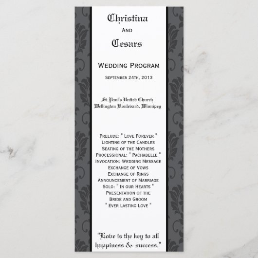 25 4x9 Hochzeitsprogramm Schwarzes Grau formales G Programm (Vorderseite)