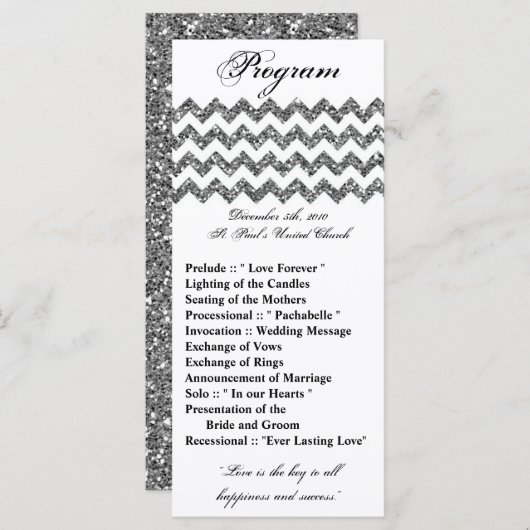 25 4x9 Hochzeitsprogramm Silberner Glitzer Zickzac Programm (Vorne/Hinten)