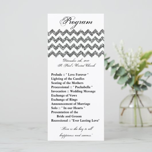25 4x9 Hochzeitsprogramm Silberner Glitzer Zickzac Programm (Stehend Vorderseite)