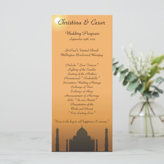 25 4x9 Hochzeitsprogramm Taj Mahal Sunset Orange Y Programm (Stehend Vorderseite)