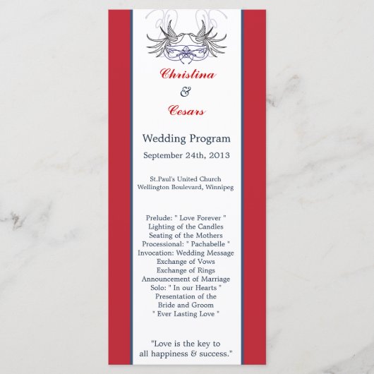 25 4x9 Hochzeitsprogramm White Dove Red Blue BG Ri Programm (Vorderseite)