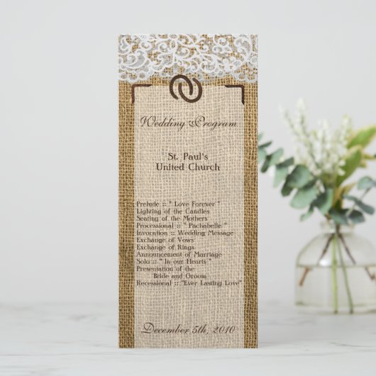 25 4x9 Hochzeitsross auf Burlap Lace Programm (Stehend Vorderseite)