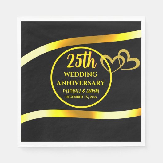 25. Black Gold Hochzeit Jubiläum Modernes Herz Serviette (Vorderseite)