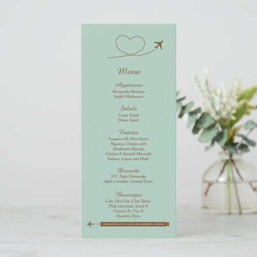 25 Blue Airplane Heart Wedding Menu Cards Menükarte (Stehend Vorderseite)