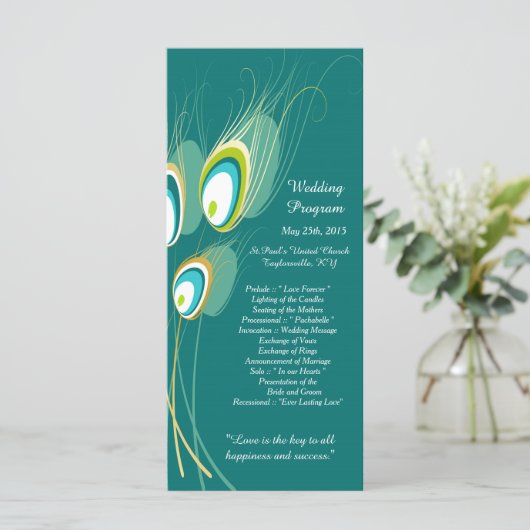25 Blue Peacock Feather Wedding Programs Programm (Stehend Vorderseite)