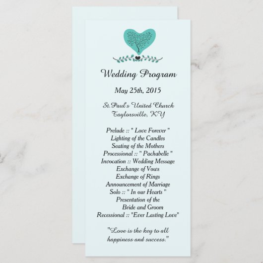 25 Blue Tree and Heart Wedding Programs Programm (Vorne/Hinten)