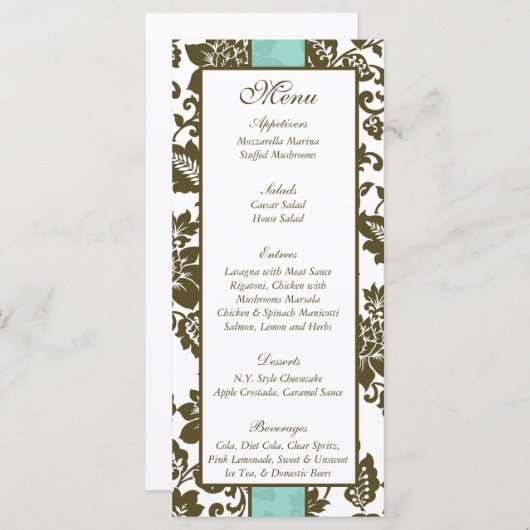 25 Braun/Blauer Damast Hochzeitsmenü Menükarte (Vorne/Hinten)