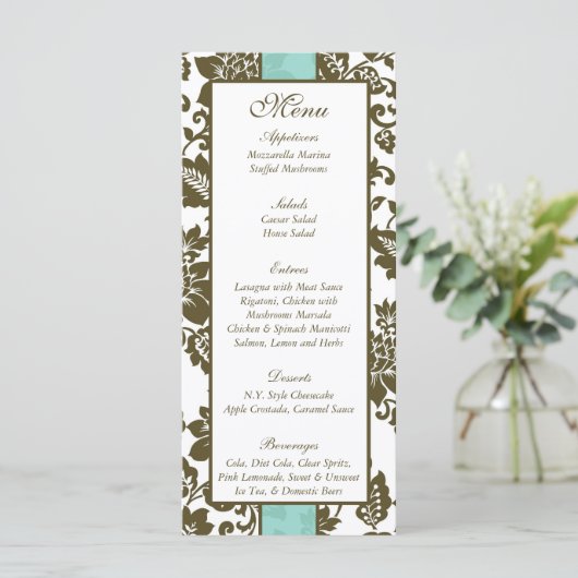 25 Braun/Blauer Damast Hochzeitsmenü Menükarte (Stehend Vorderseite)