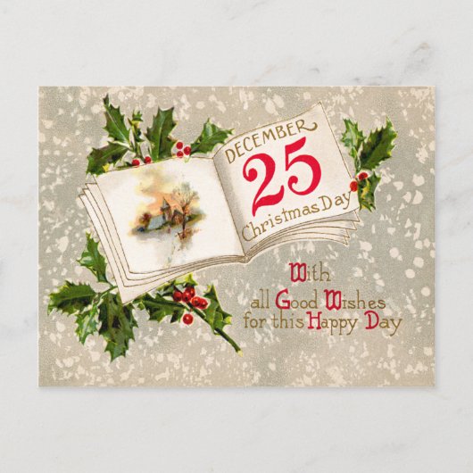 25. Dezember Kirche Holly Snow Postkarte (Vorderseite)
