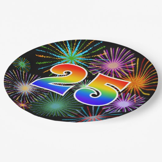 25. Event - Spaß, farbenfroh, kühl, Regenbogen 25 Pappteller (Schrägansicht)