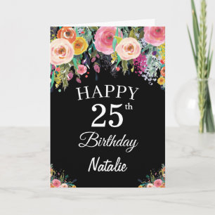 25. Geburtstag Aquarell Blumen Schwarz Karte