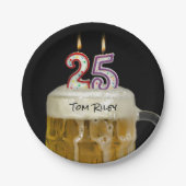25. Geburtstag Bier mit Kerzen Pappteller (Vorderseite)