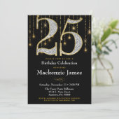 25. Geburtstag Einladung Black Gold Diamonds Adult (Stehend Vorderseite)