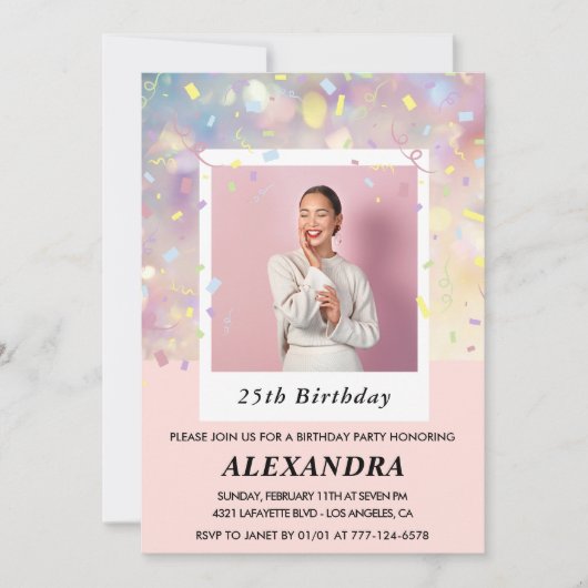 25. Geburtstag Einladungen Confetti Foto Pink (Vorderseite)