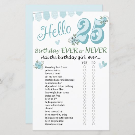 25. Geburtstag Ever oder Nie Game (Vorne/Hinten)